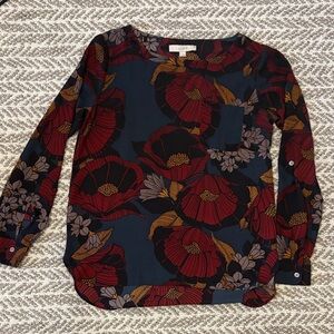 LOFT Women's Floral Blouse - Red and Orange on Black